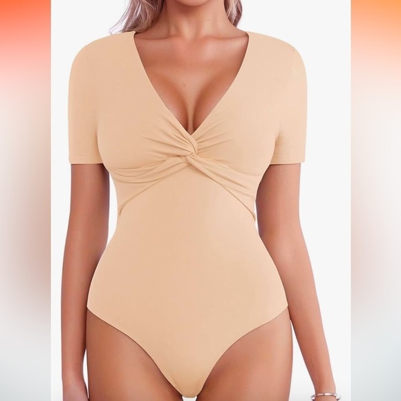 NWT MANGOPOP Women's Sexy Twist Front Deep V Neck Short Sleeve Bodysuit M - Picture 1 of 7